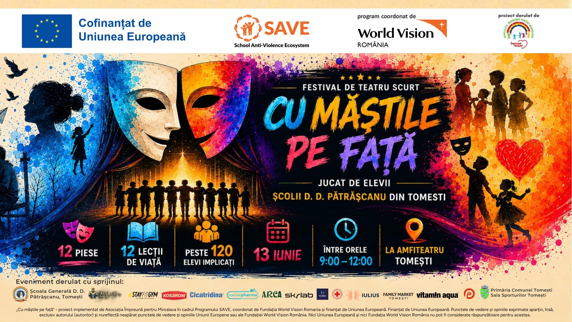 Peste 120 de elevi urcă pe scenă la Festivalul de Teatru Scurt „Cu măștile pe față”